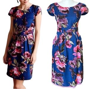 Anthropologie MOULINETTE SOEURS Blue w/Pink Red Floral Short Lined Size 6